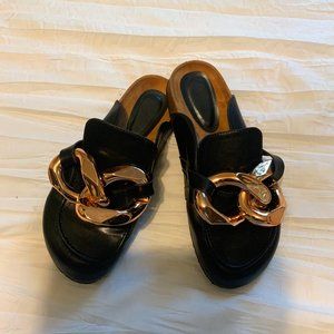 VETASTE Women's Chain Flat Mules Clogs Slip on Backless Loafers Round Toe